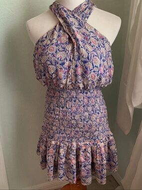 SAYLOR Blue and Pink Floral Halter Smocked Mini Dress